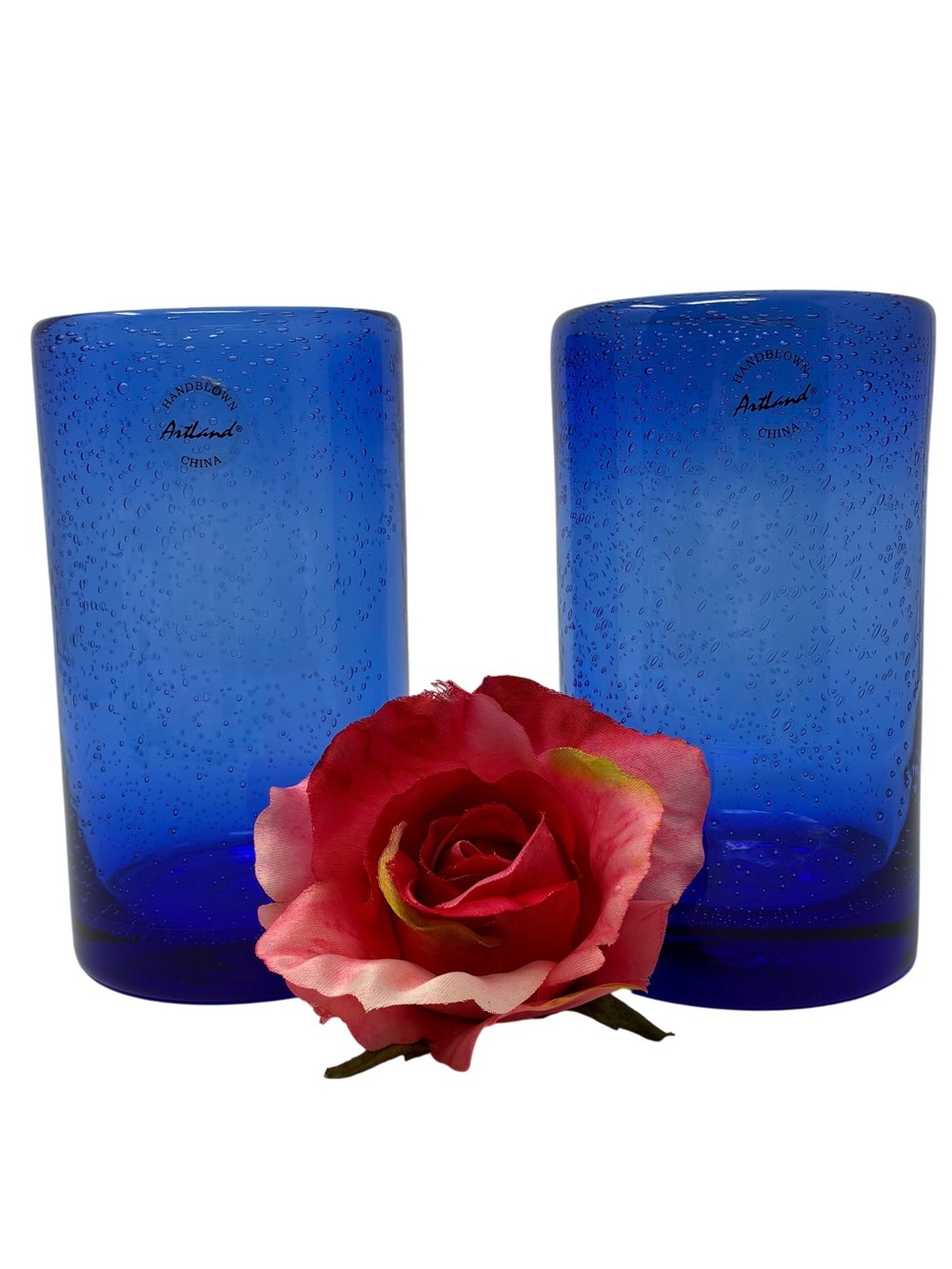 Artland Iris Highball Glass Set of 2 Cobalt Blue Seeded Art Glass Hand Blown